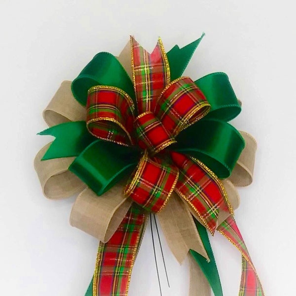 Christmas Bow, Wreath Bow, Traditional Plaid, Green Satin, Beige Linen