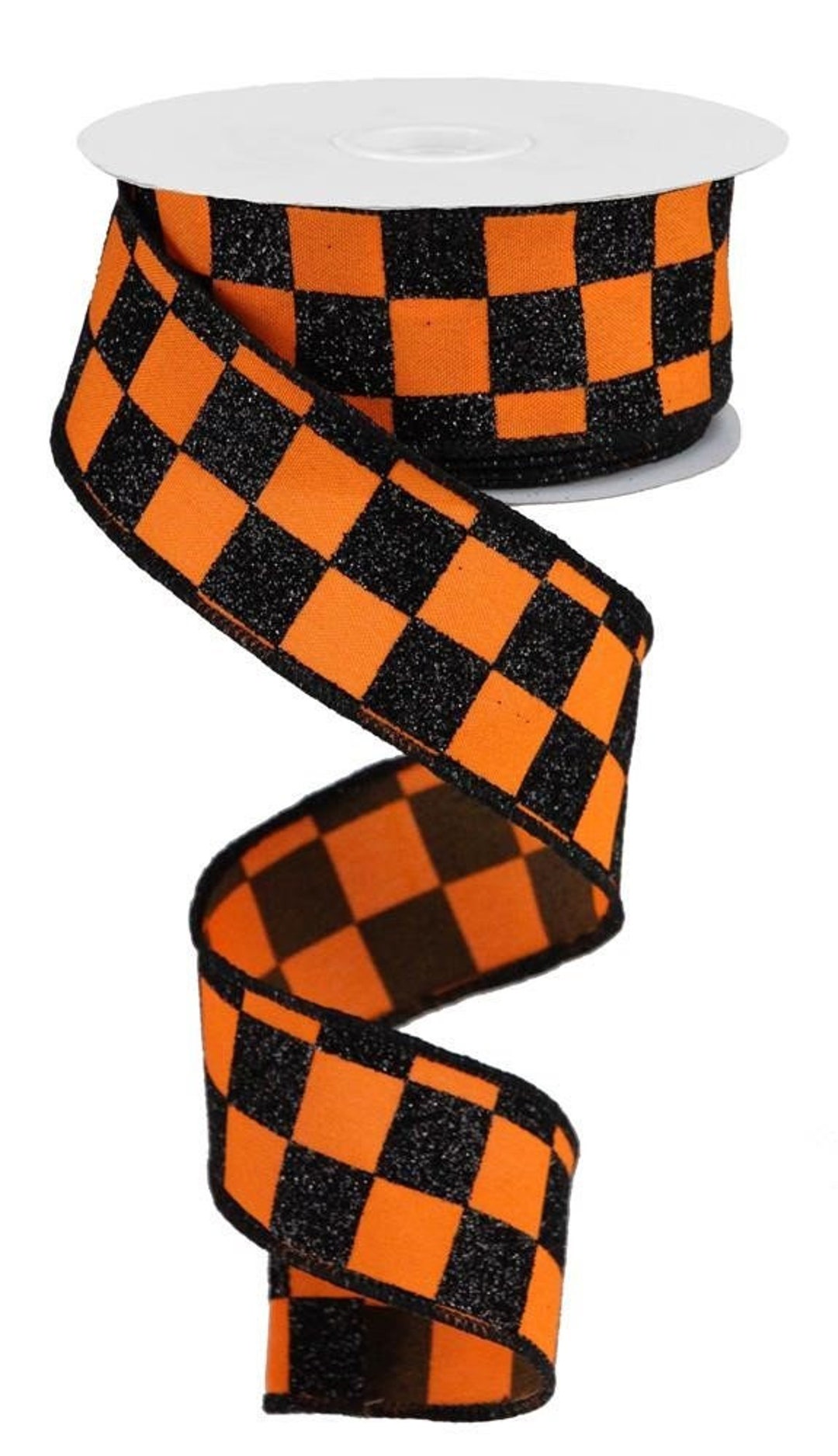 Glitter Check Ribbon, Orange and Black, Wired Ribbon, 1.5