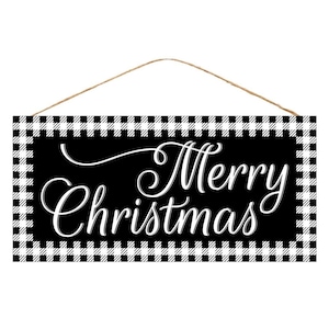 May include: Black and white buffalo check patterned wooden sign with the text "Merry Christmas" in white cursive lettering.