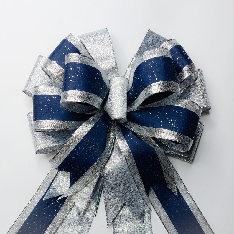 Metallic Silver and Navy Blue Christmas Bow Etsy