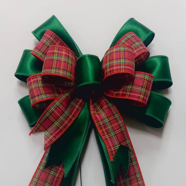 Christmas Bow, Wreath Bow, Red and Green Traditional Plaid, Emerald Green Satin