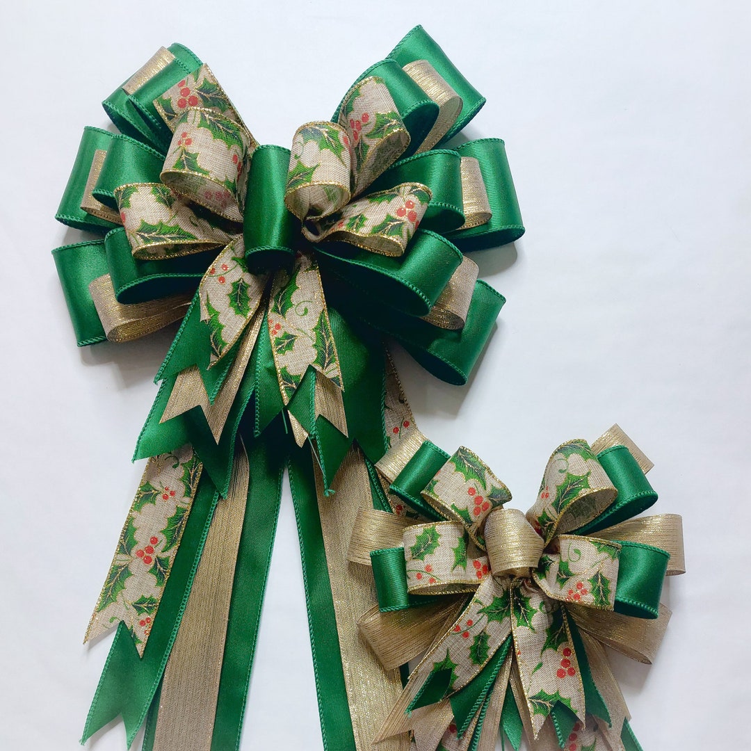 Holly Print With Emerald Green and Gold Wreath Bow - Etsy