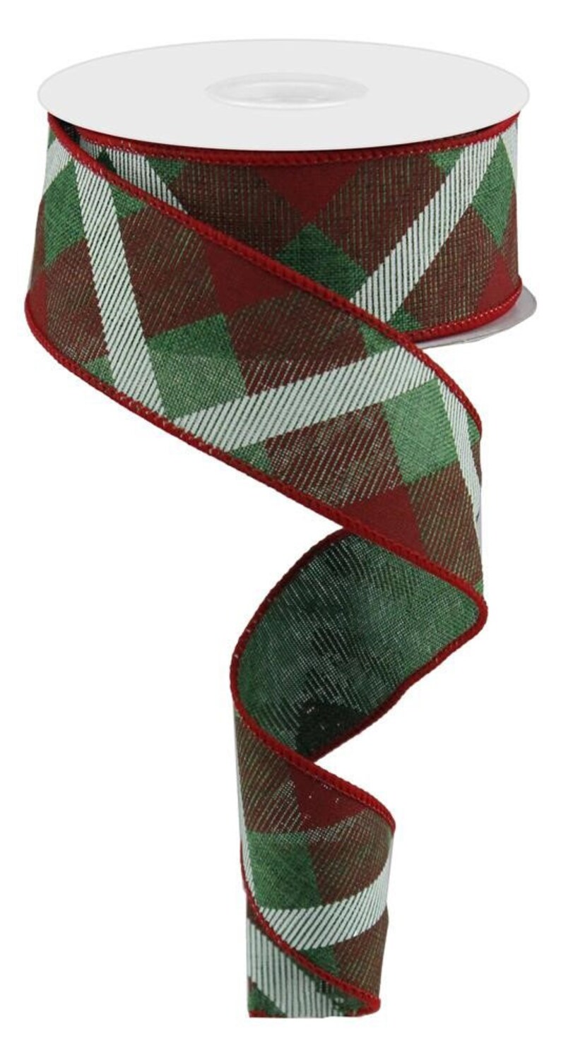 Emerald GreenRedWhite Christmas Wired Ribbon Printed Plaid Ribbon 1.5 Wide X 10 Yard Royal Burlap