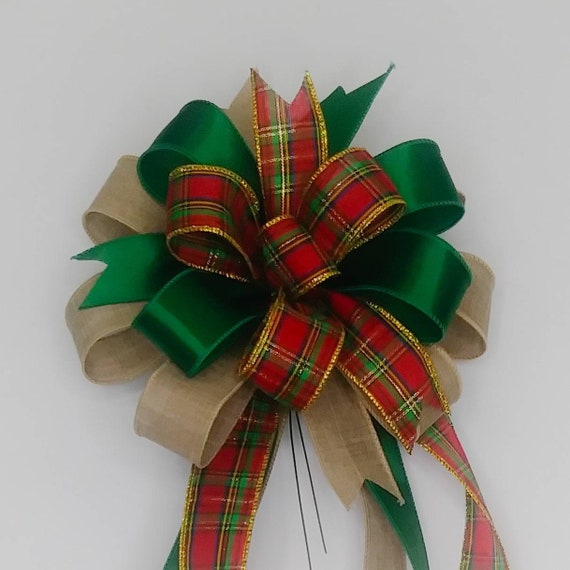 Plaid Christmas Bow Wreath Bow Beige Linen Plaid Green Satin