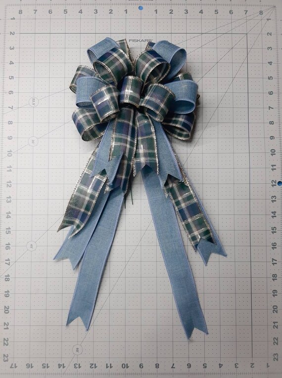 Holiday Bow Blue Plaid with Metallic Denim Blue Christmas Bow Wreath Bow Holiday Bow Blue Plaid with Metallic Denim Blue Christmas Bow Wreath Bow
