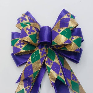 Mardi Gras Bow, Gold, Purple, Green, Harlequin, Sheer Black with Gold Glimmer