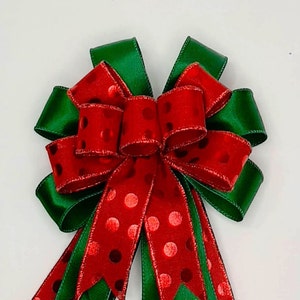 Christmas Bow, Wreath Bow, Red with Metallic Dots, Green Satin