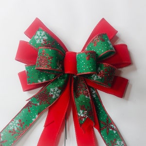 Snowflakes on Emerald Green and Red Velvet Christmas Bow,