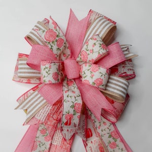 Spring/Summer Bow, Mother&#39;s Day Bow,  Pink, Cream, Rose Print, French Macaroon Print