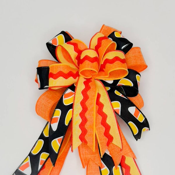 Wreath Bow, Halloween, Candy Corn, Orange/Yellow/Black, Stripe, Ricrac