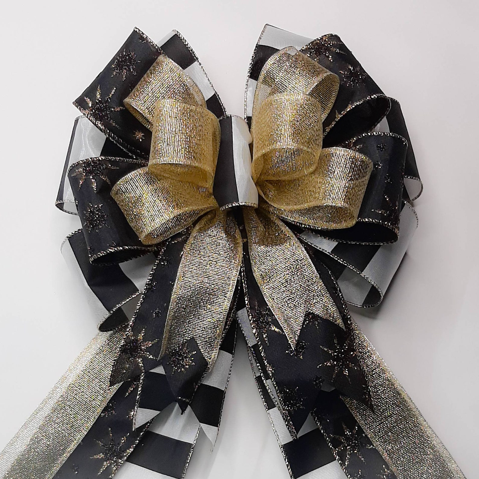 Christmas Bow Wreath Bow Black and Gold Sheer Black Ivory | Etsy