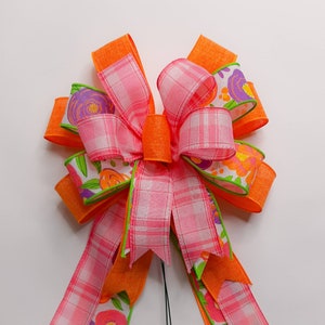 Spring/Summer Bow, Pink Plaid, Orange, Bold Blooms, Flowers