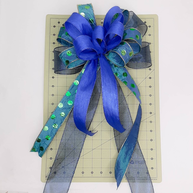 Christmas Bow Wreath Bow Royal Blue Turquoise Green Dots Etsy