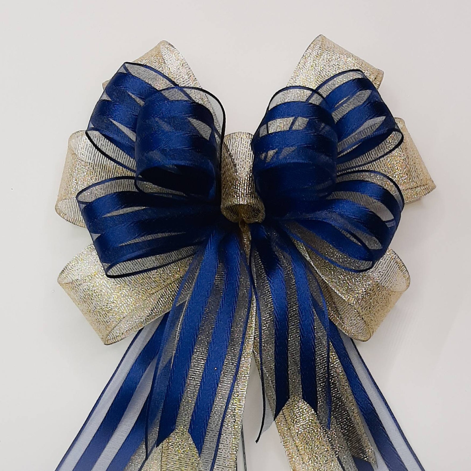 Christmas Bow Wreath Bow Navy Blue Satin Stripe Sheer Gold Etsy