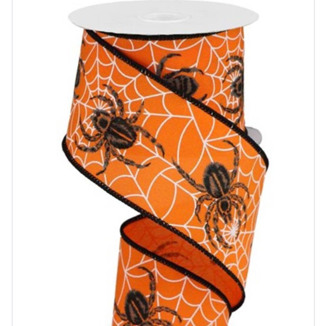 Spider Ribbon Spider Web/spider Ribbon, Halloween, Black/white/grey on Orange Fabric ...