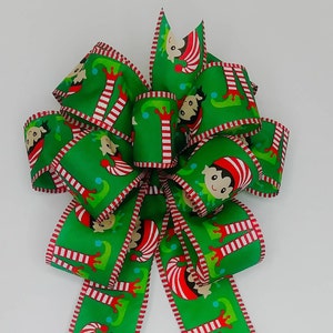 Christmas Bow, Wreath Bow, Green with Elf Print