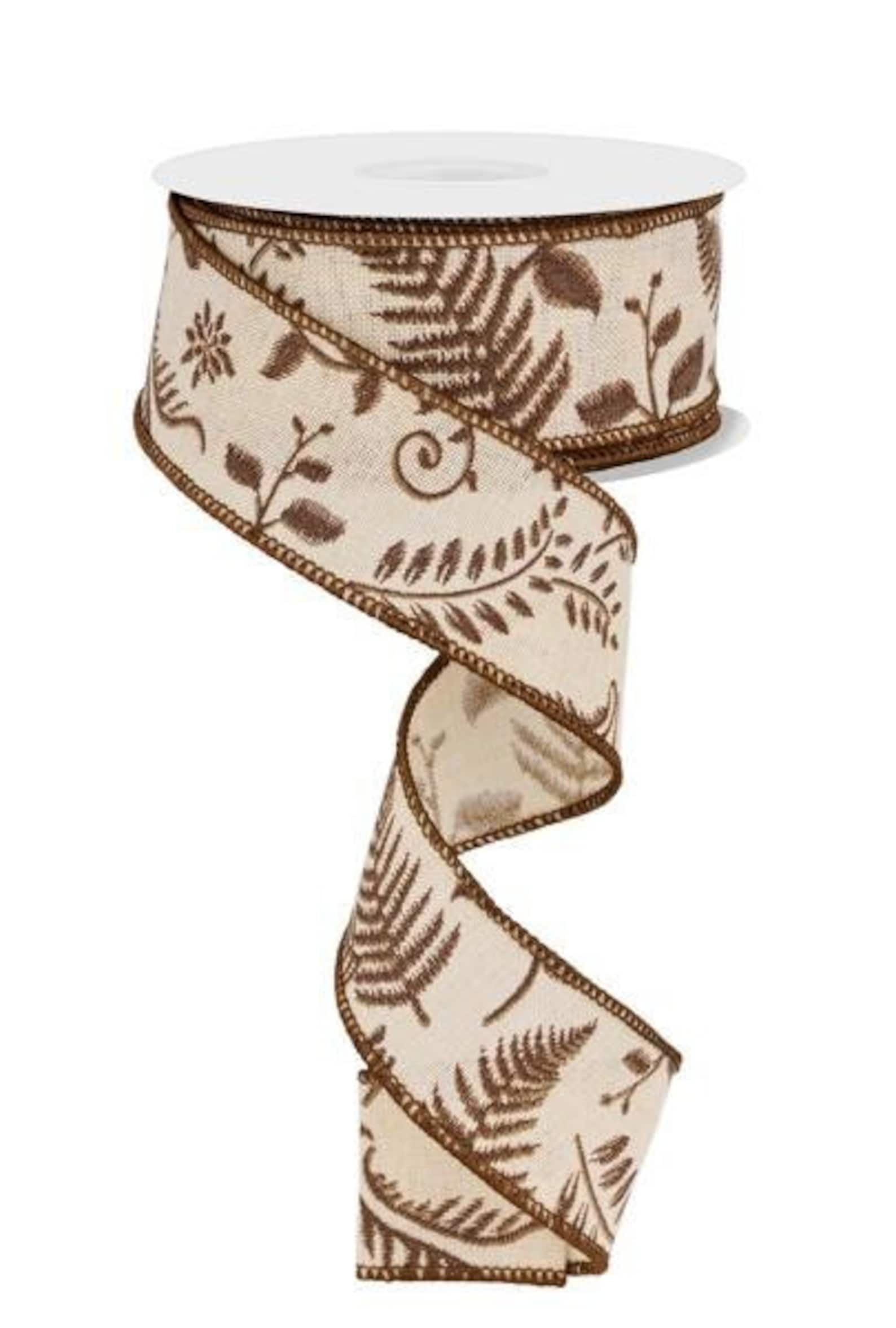Dk Ribbon Embroidered Greenery Ribbon, Cream/dk Brn/lt Brn, Wired Edge, 1.5