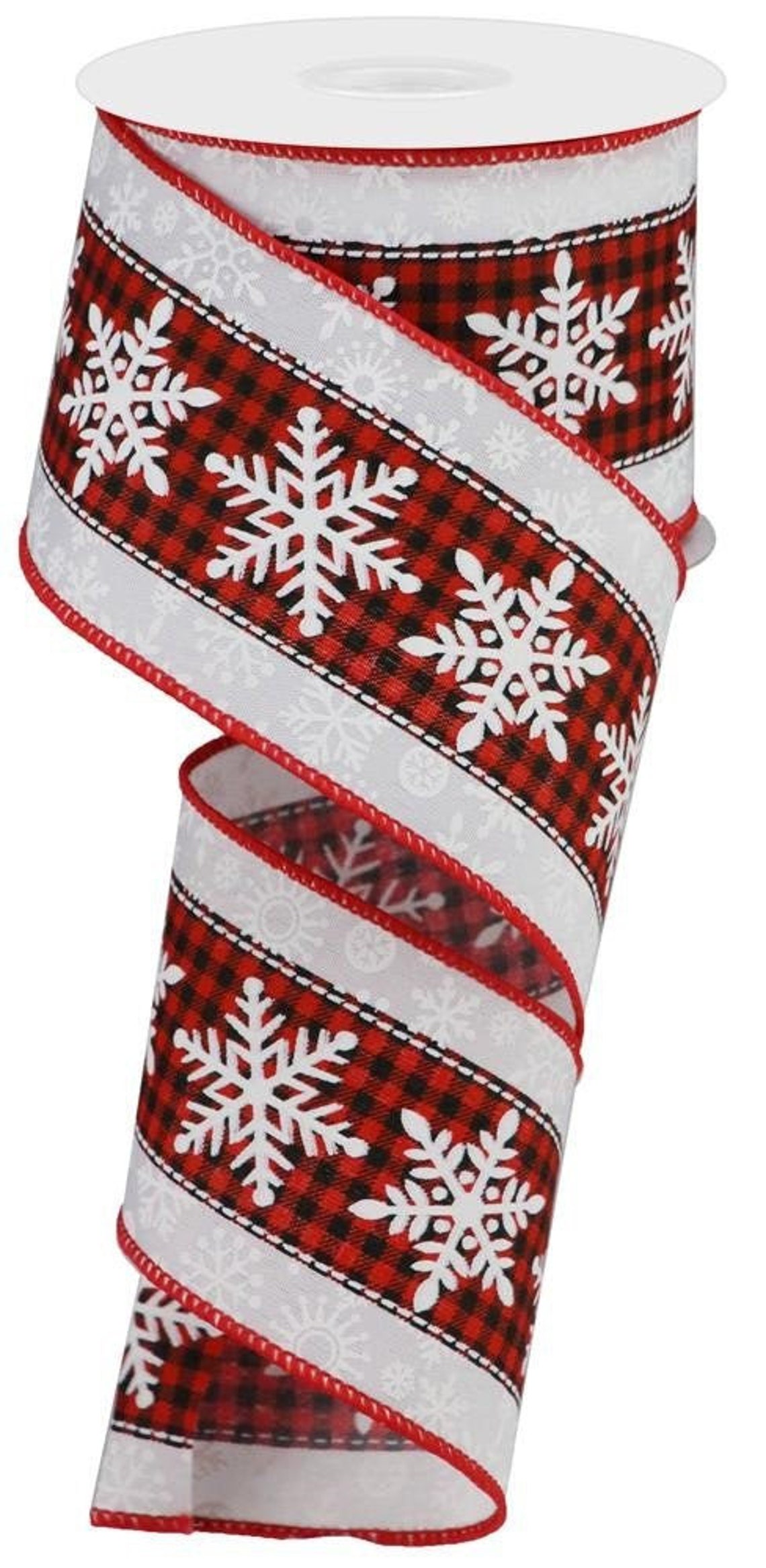 Snowflake on Check Ribbon Christmas White/Red/Black Wired  Etsy