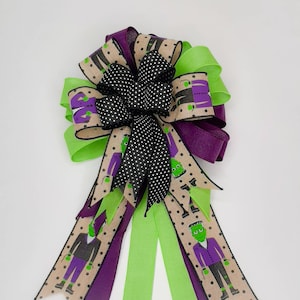 Wreath Bow, Halloween, Frankenstein, Purple, Green and Black