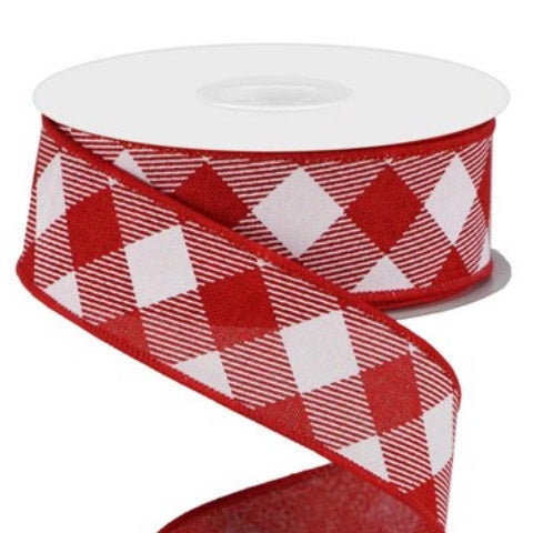 Diagonal Check, Red/white on Royal, Wired Ribbon, 1.5