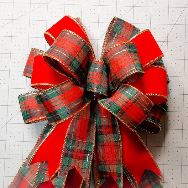 Wreath Bow, Christmas Bow, Holiday Bow, Red Velvet and Red/Green Plaid