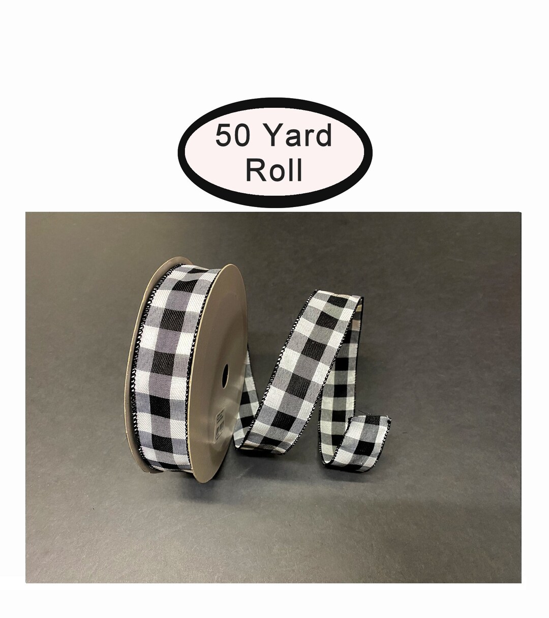 Woven Buffalo Check Ribbon, Black and White, 1.5