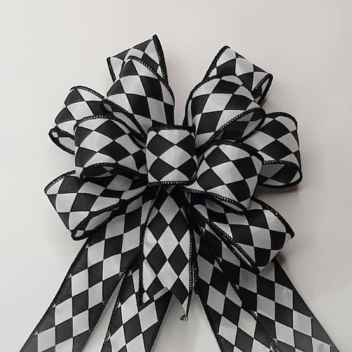 Wreath Bow Black and White Harlequin on Satin Etsy