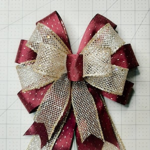 Wreath Bow, Holiday Bow, Christmas Bow, Burgundy Satin with Gold Mesh, Size small