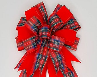Christmas Bow, Wreath Bow, Holiday Bow, Traditional, Multi Color Plaid, Red Velvet