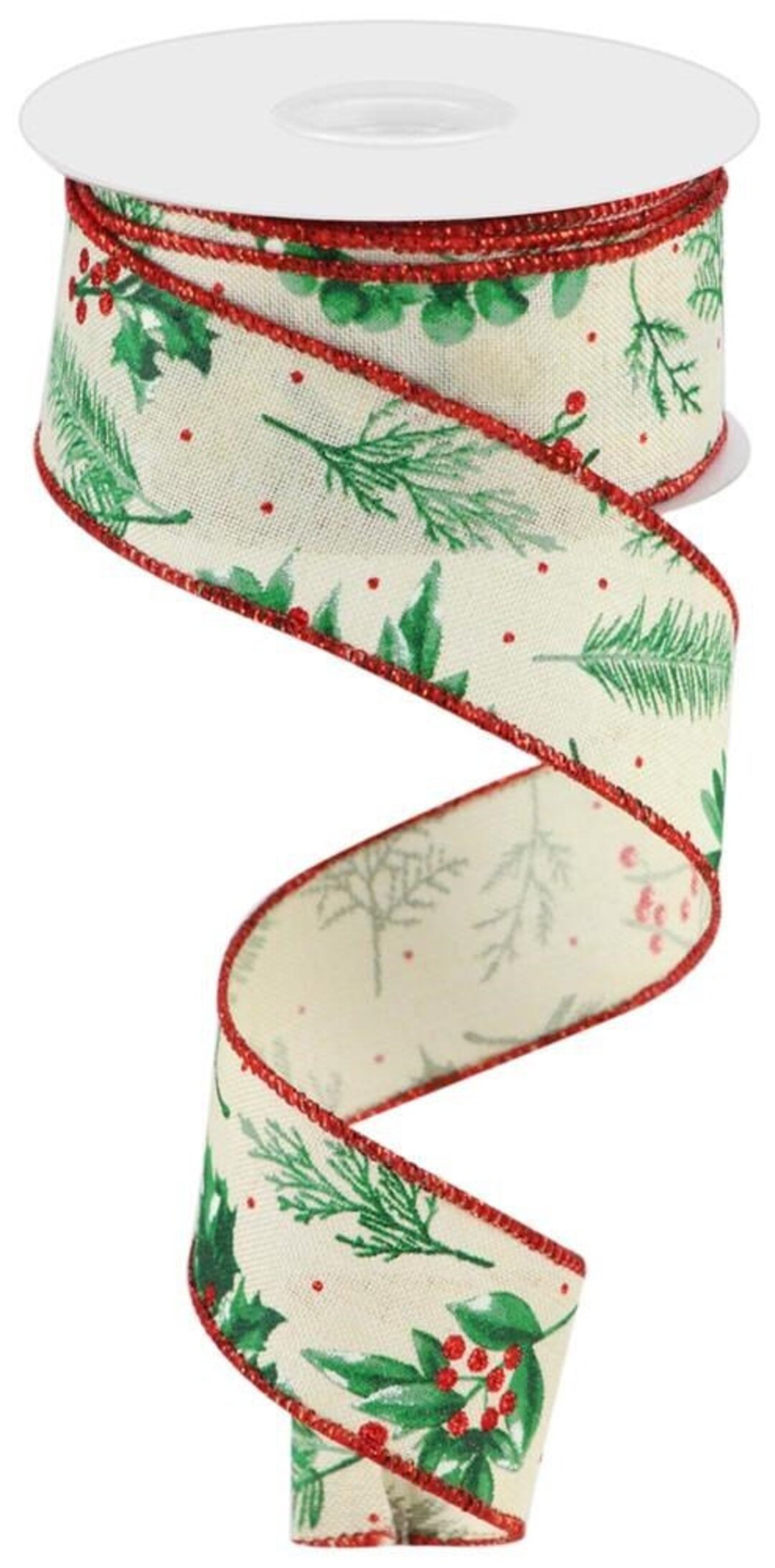 Winter Foliage Ribbon, Christmas, Cream/green/red, Wired Edged, 1.5 ...