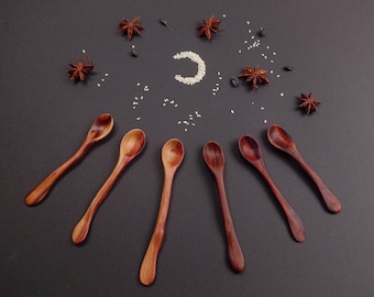 May include: Six small wooden spoons with varying reddish-brown wood grain patterns arranged in a semi-circle. Above the spoons, star anise pods and small white seeds are scattered to form a crescent moon shape on a dark gray surface.