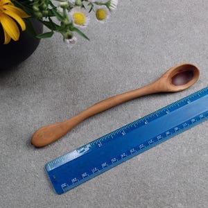 May include: A light brown wooden spoon with a smooth, curved handle and a small, oval-shaped bowl. The spoon is positioned next to a blue plastic ruler that shows the object is approximately 7.5 inches in total length from end to end.