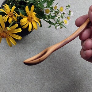 May include: A light-colored wooden spoon with a slender, curved handle and a small, elongated bowl. The wood grain is visible, showing natural variations in tone from light tan to a deeper reddish-brown along the side of the handle.