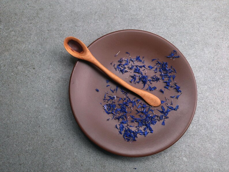 May include: A small, smooth, light-brown wooden spoon resting diagonally across a round, matte, dark-brown ceramic plate. Scattered across the surface of the plate are numerous dried, vibrant blue cornflower petals, creating a contrast.