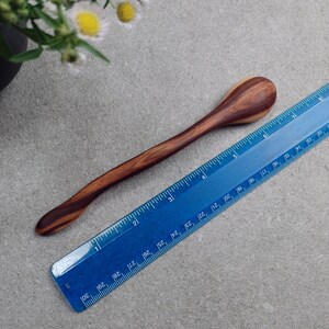 May include: A smooth, dark brown wooden spoon with a curved handle, positioned next to a blue plastic ruler that shows the spoon measures approximately 7.5 inches in length. The wood features a distinct grain pattern with lighter and darker streaks.