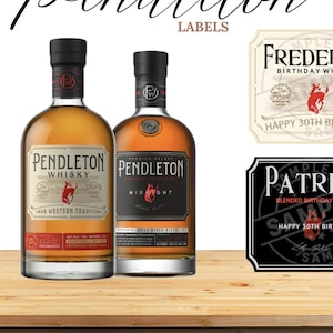 May include: Two bottles of Pendleton whisky with custom labels. The labels are black and white with gold accents and feature the text "Frederick Birthday Whisky" and "Patrick Blended Birthday Whisky".