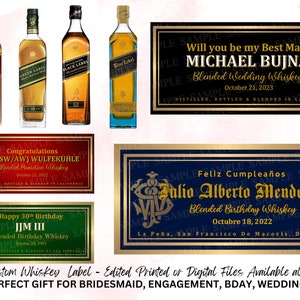 May include: Four different whiskey bottle labels with gold trim. The labels are for a wedding, a birthday, a promotion, and a best man. The labels are all black, red, green, and blue with gold trim.