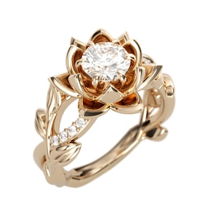 Lotus Ring 14K Gold w/Round Moissanite center | Nature Ring, Flower Ring, Engagement Ring, Unique Ring, Natural Design, Diamond - SR1153