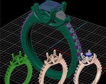 Puede incluir: Tres modelos de anillos de compromiso impresos en 3D en cera. Los anillos están en diferentes etapas del proceso de diseño. El primer anillo es una banda simple con un engaste de garras. El segundo anillo tiene un diseño más elaborado con un engaste pavé. El tercer anillo es un anillo terminado con una piedra central y un engaste halo.