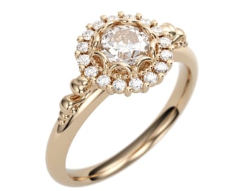 Bague de fiançailles de style antique en or 14 carats avec centre rond en moissanite avec diamants de laboratoire | Bague édouardienne, bague victorienne, bague unique - SR1060