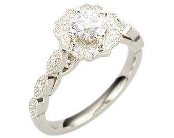 Bague vintage en or 14 carats avec centre rond en moissanite à l'aide de diamants frais | Bague édouardienne, antique, victorienne, fiançailles, femme - SR1092