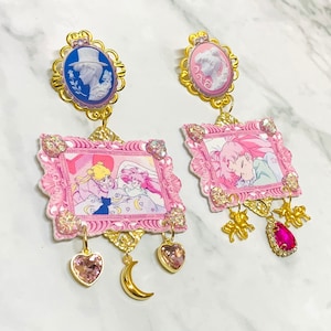 Sailor Moon earrings with Chibiusa, Tuxedo Mask and Luna pink kawaii earrings great with fairykei fashion and cosplay