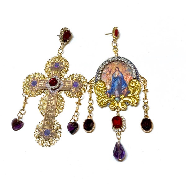 The Queen cross earrings with baroque and regal accents in gold with maximalist fashion inspiration, exquisite and bold statement earrings