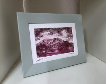 Blorenge Mountain Tetra Pak Print | Original Landscape Printmaking Art | Welsh Mountain Artwork | Burgundy Fine Art Print | Monoprint