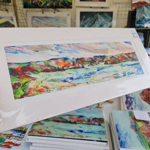 Oxwich Bay Gower print 150mm x 500mm. prachtige heldere levendige foto van de beroemde baai op het schiereiland Gower. Grote Tor 3 Cliffs Bay