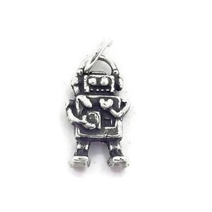 Robot With Heart Charm Pendant .925 Sterling Silver.