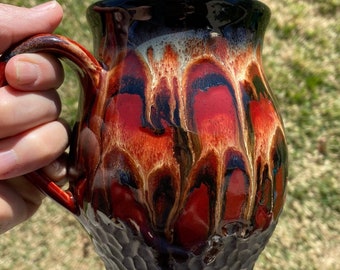 Handmade Ceramic Coffee Mug: 18oz Pottery, Red Fire like Glaze, hand carved pottery