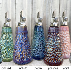 Made to order Large 12oz oil dispenser, handmade pottery oil dispenser, ceramic bottle, kitchen unique kitchen gift, red blue oil dispenser