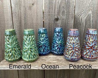 Made to order handmade salt and pepper shakers, colorful pottery, handmade ceramic pottery, salt and pepper