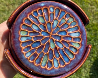 Coaster Set with Holder, Cork Bottom pottery Coasters, Set of 4 coasters made to order coaster set